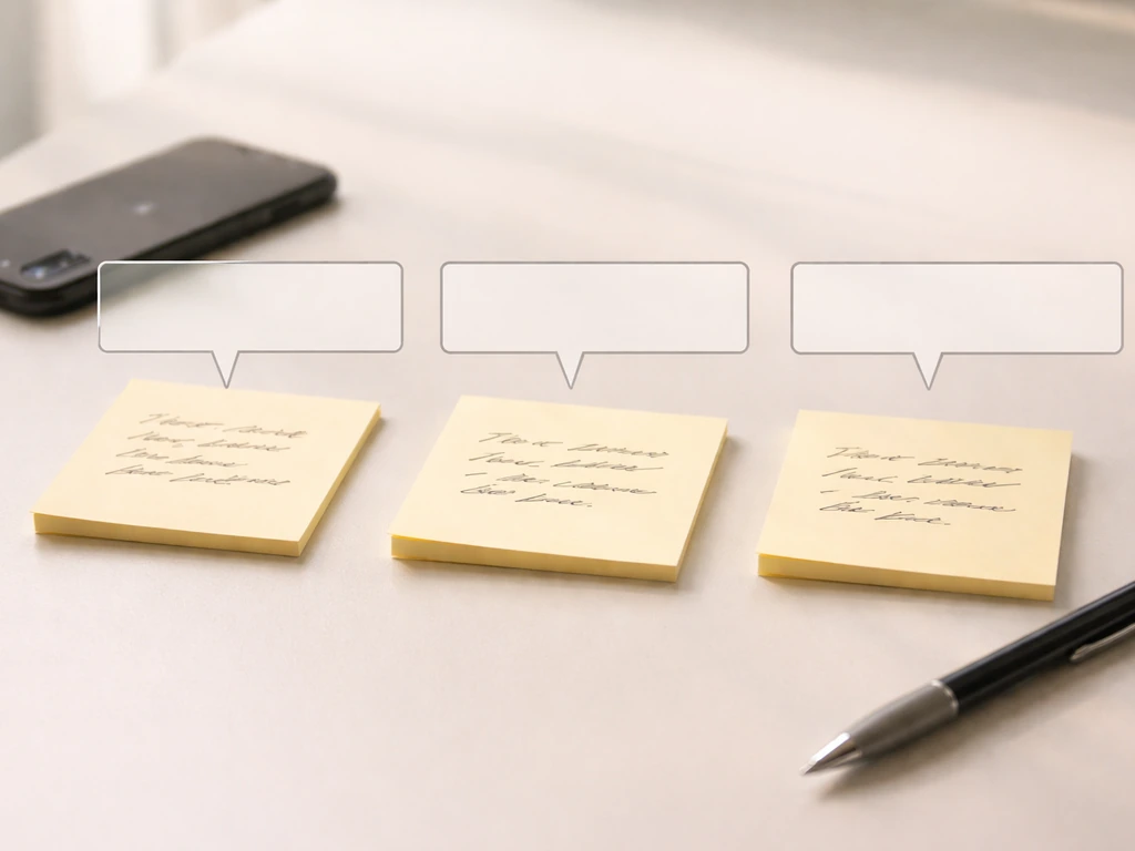 Minimal desk scene with three blank sticky notes and three empty callouts suggesting definition, example, and context.