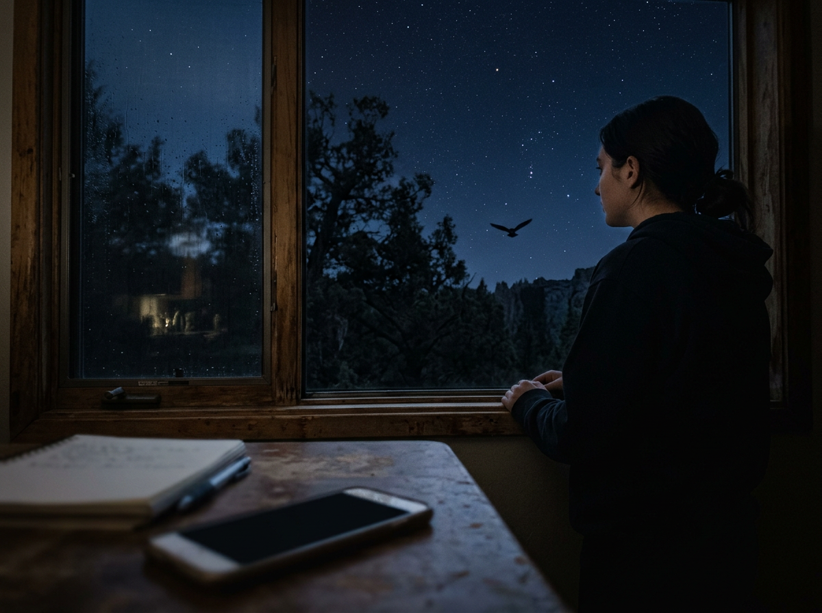 Someone watches for an owl outside, depicting birds as omens or messages.