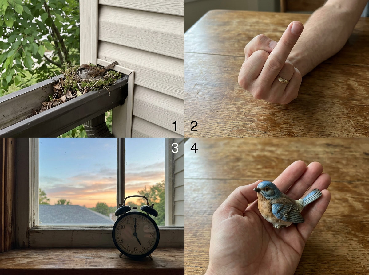 Four real-life examples of “bird” meanings: literal, gesture, early, and proverb context.