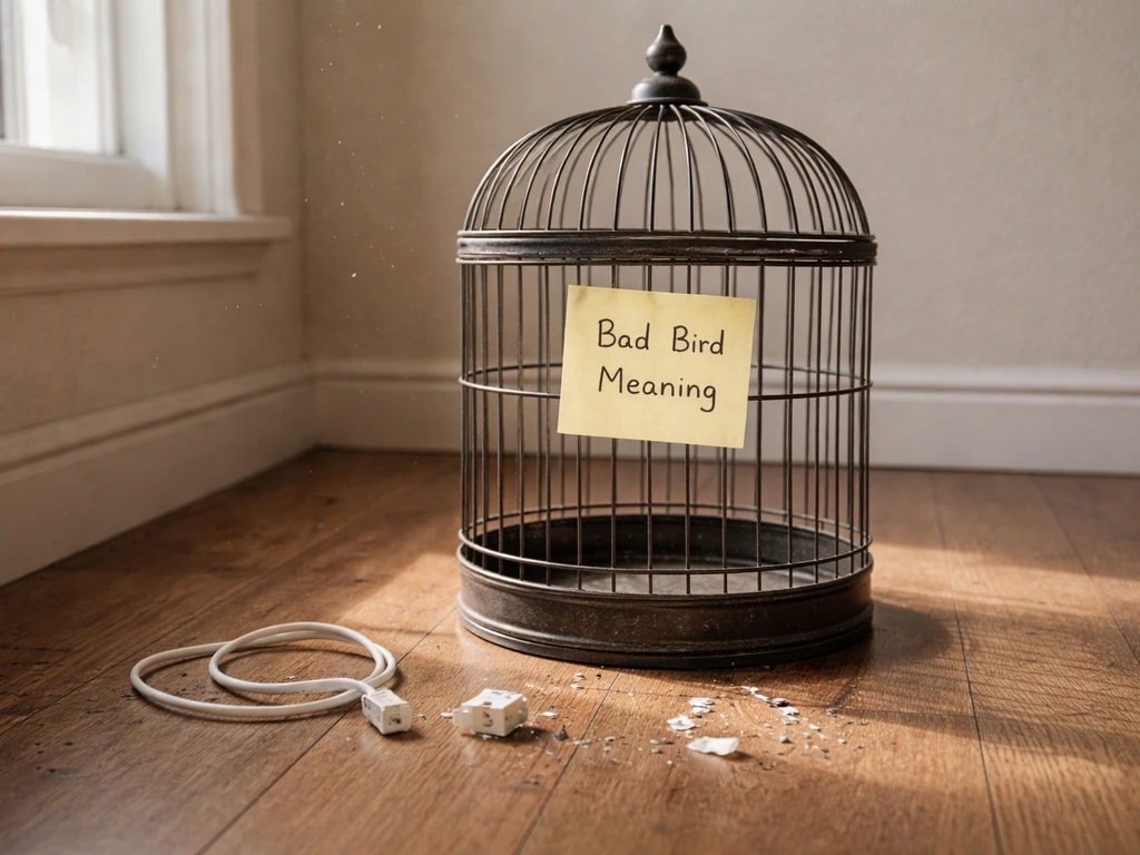 Empty indoor birdcage with scattered chewed items and a sticky note reading “Bad Bird Meaning”.