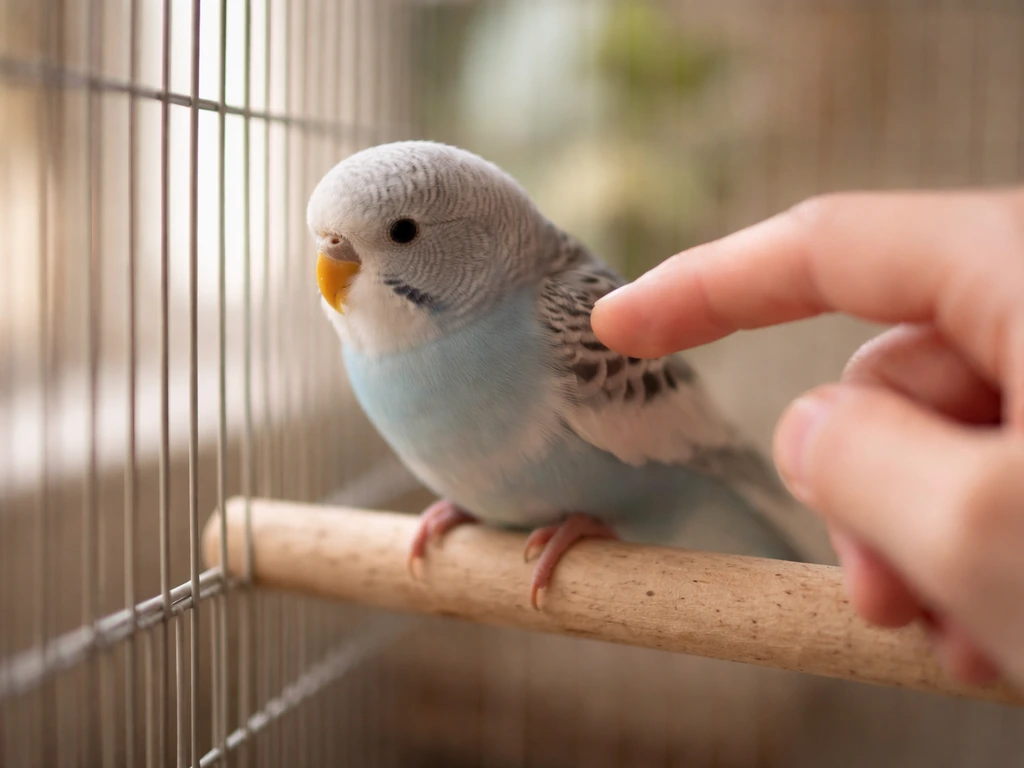 Close-up of a pet bird being gently redirected by a hand inside a simple cage.