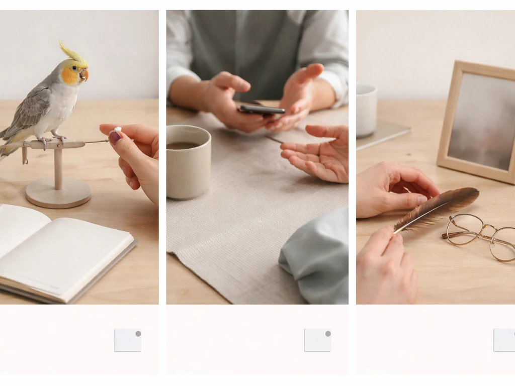 Three small desk vignettes showing bird present vs symbolic “bad bird” scenarios, without any text.