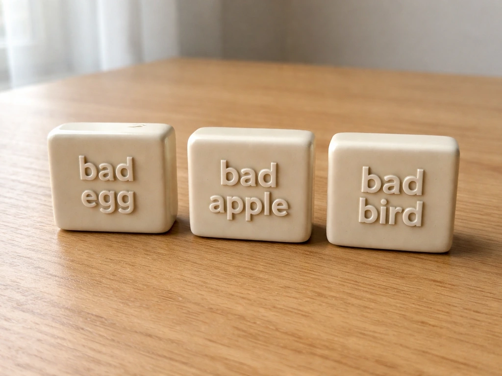 Three blank ceramic tiles on a wooden table displaying “bad egg,” “bad apple,” and “bad bird” side by side.