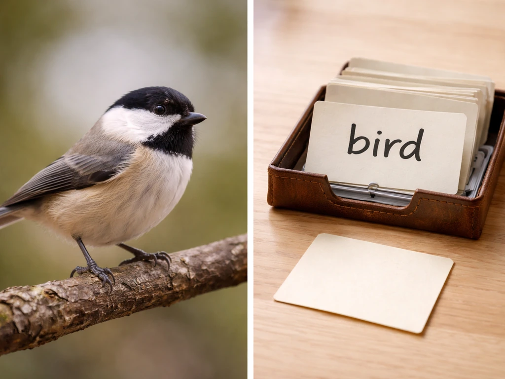 Perched bird beside an open card holder with a handwritten word “bird” on blank cards.