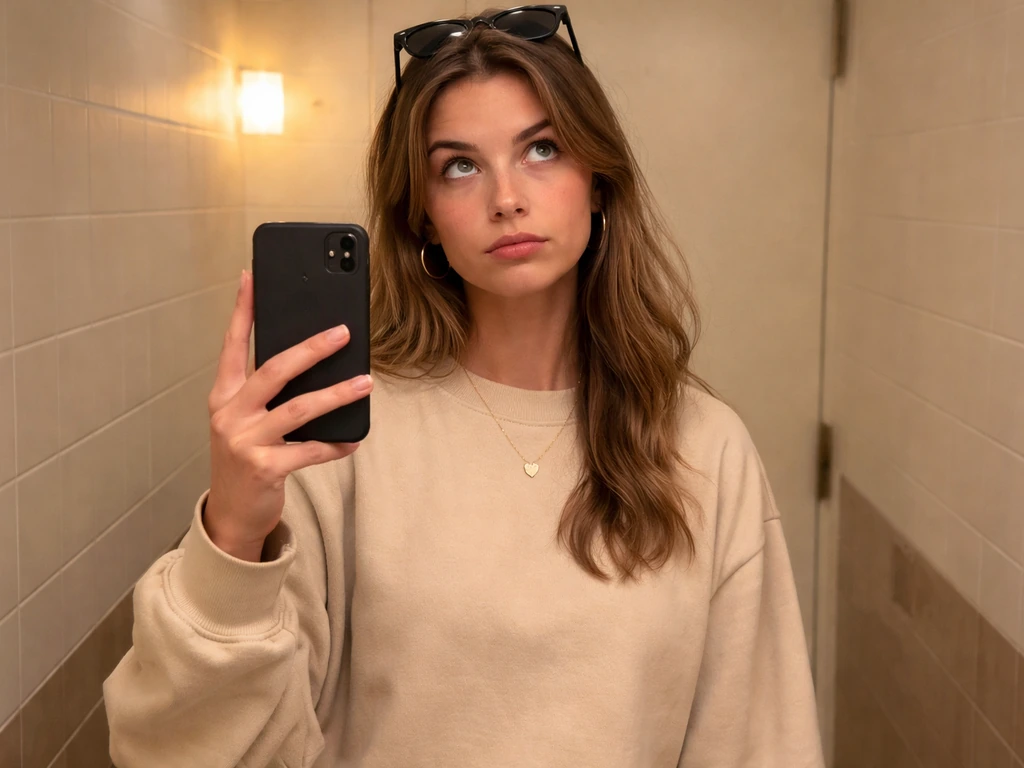 Woman in a cozy cafe mirror taking a phone selfie, showing an eye-roll vibe and vanity theme.