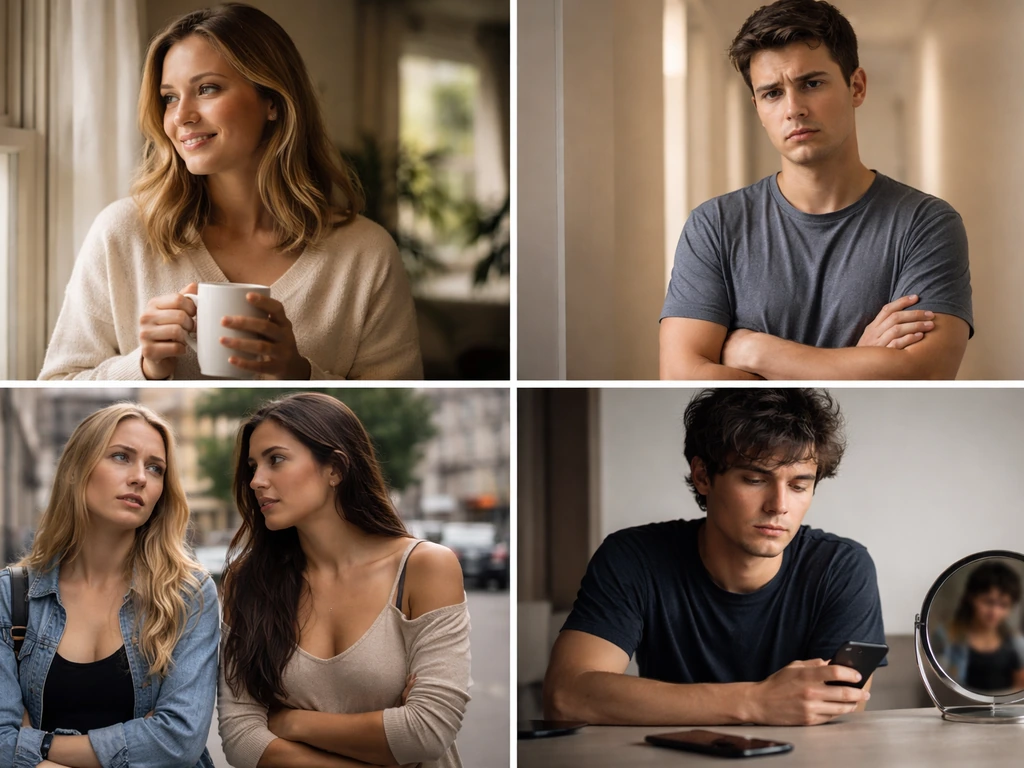 Four small photo cards showing different everyday contexts for the word “bird,” each with a distinct mood