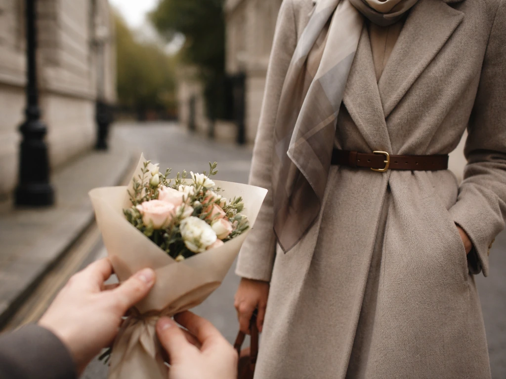 Elegant British street-style moment: refined outfit details and a subtle friendly exchange on a quiet sidewalk
