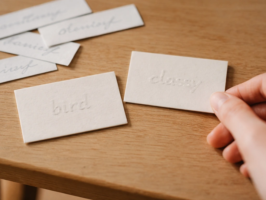 Minimal tabletop scene with two phrase cards and blurred slang example notes, like a visual dictionary layout.