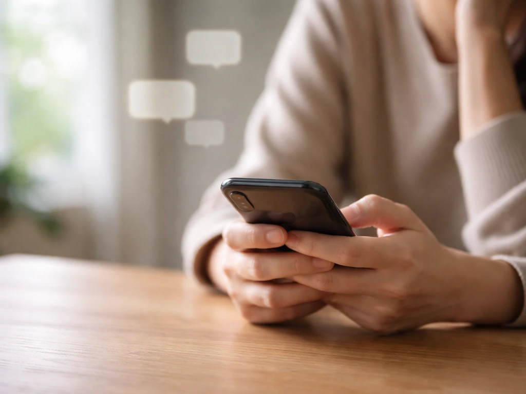 Thoughtful hands holding a smartphone with blurred chat bubbles, suggesting careful clarification.