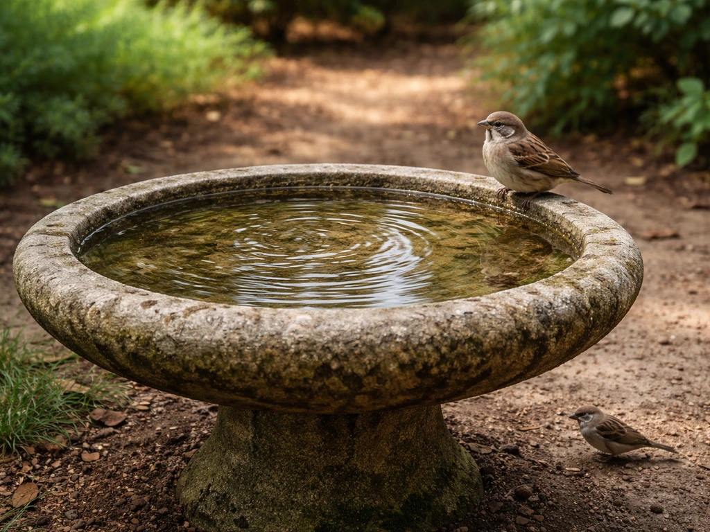 Garden bird bath with clear water and a small bird nearby in soft natural light