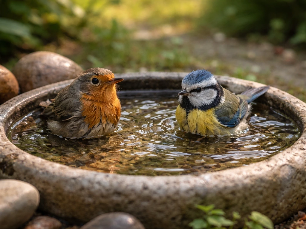 Close-up of a garden bird bath bowl filled with water with small birds drinking and bathing