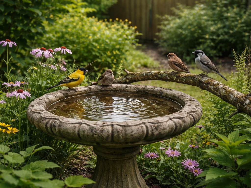 Sunlit backyard garden with a bird bath surrounded by plants and small wildlife activity
