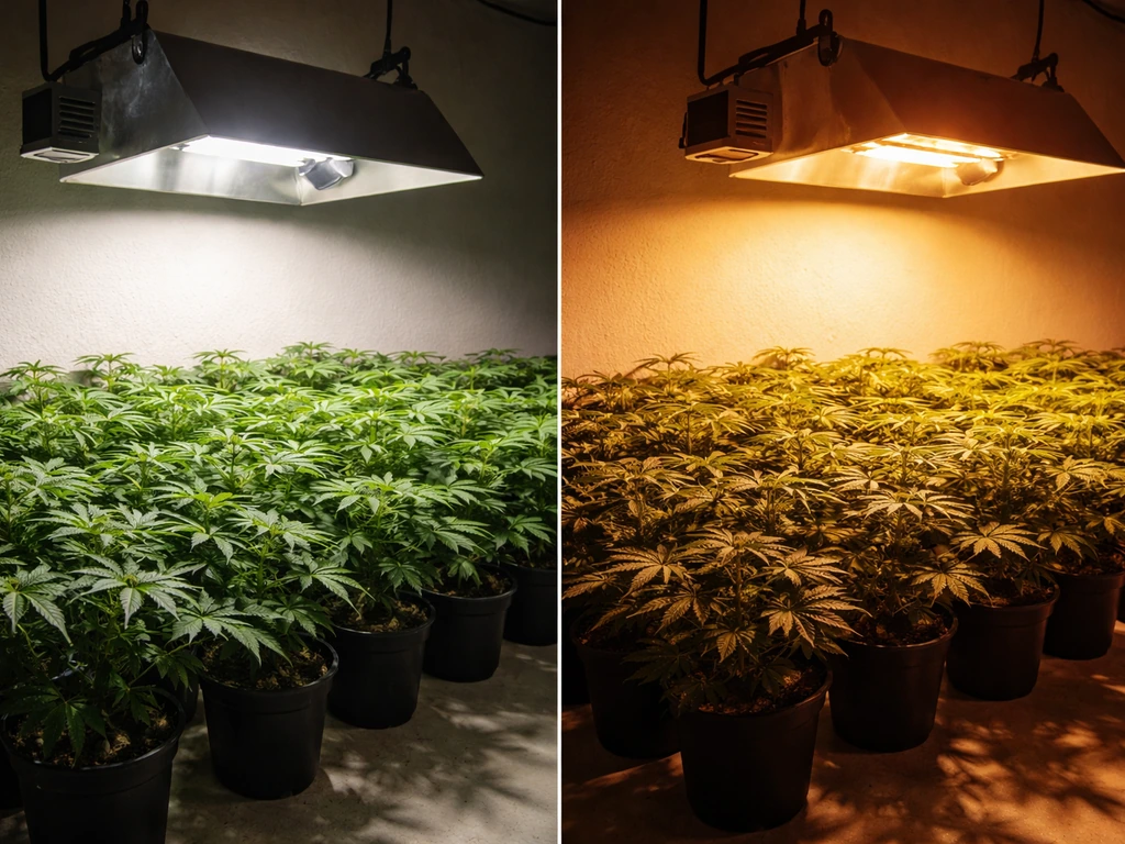 Two grow light setups side-by-side, with a DE-style reflector casting deeper, more uniform light under the canopy.