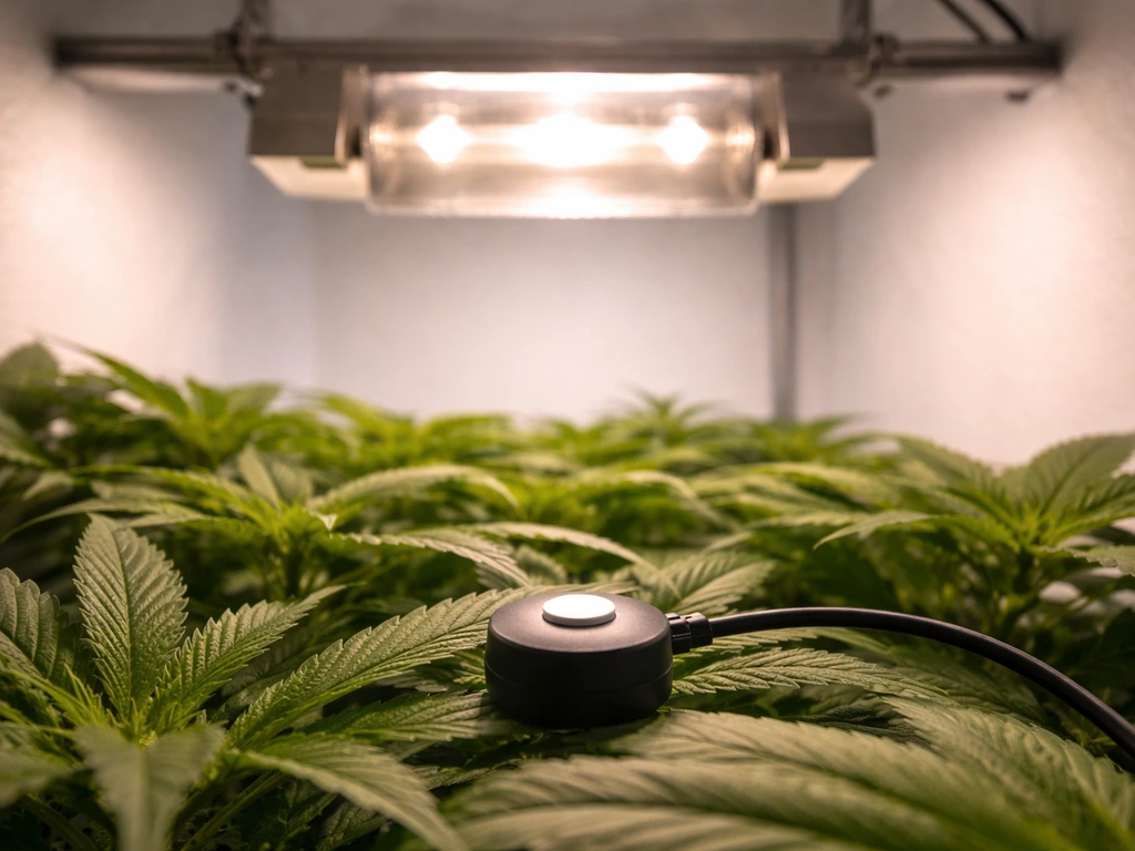 Double-ended grow light suspended above plants with a quantum sensor at canopy height measuring PPFD.