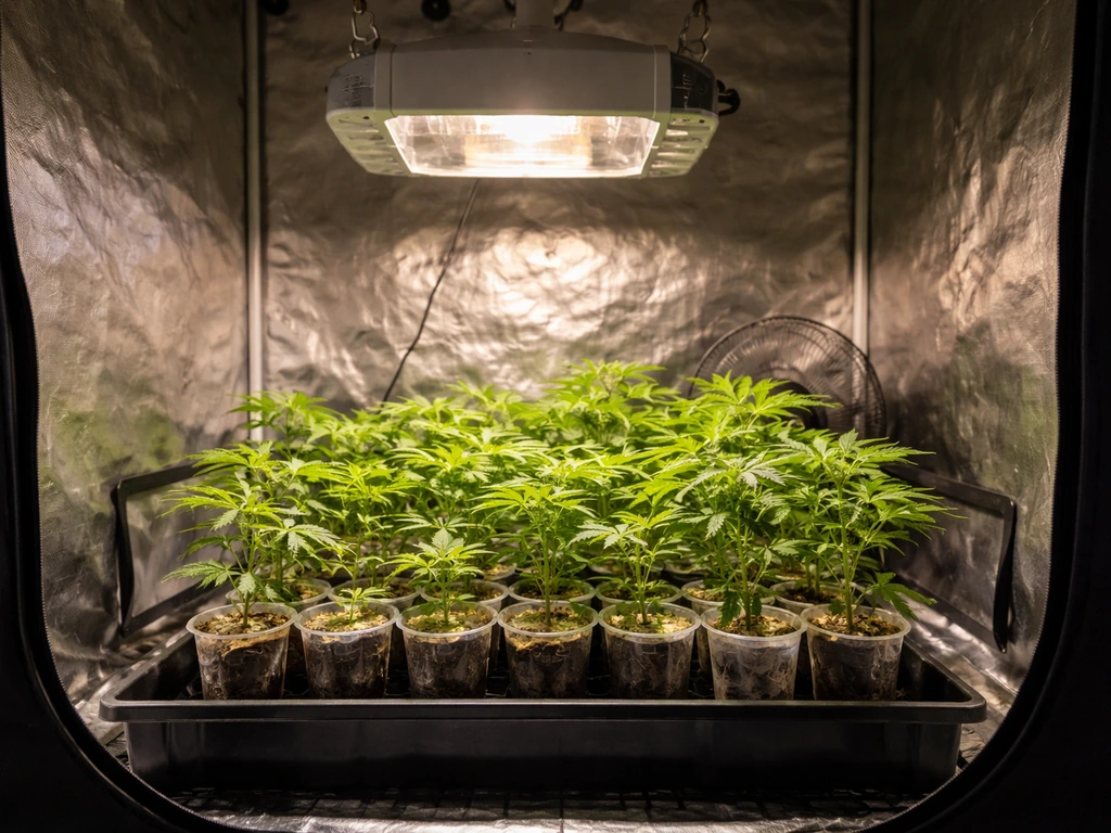 A DE-style grow light hanging over green seedlings in a small indoor grow tent.