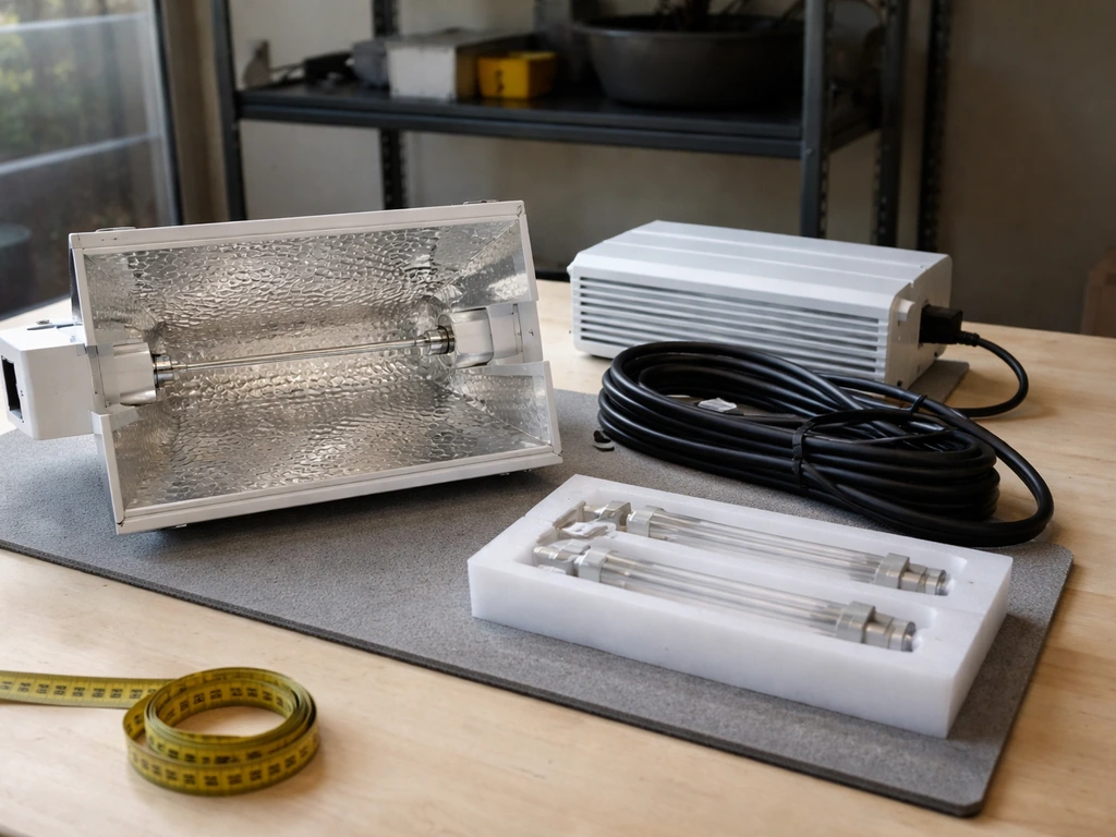 Neatly arranged DE grow light components on a bench with reflectors, ballast, and safety-ready equipment