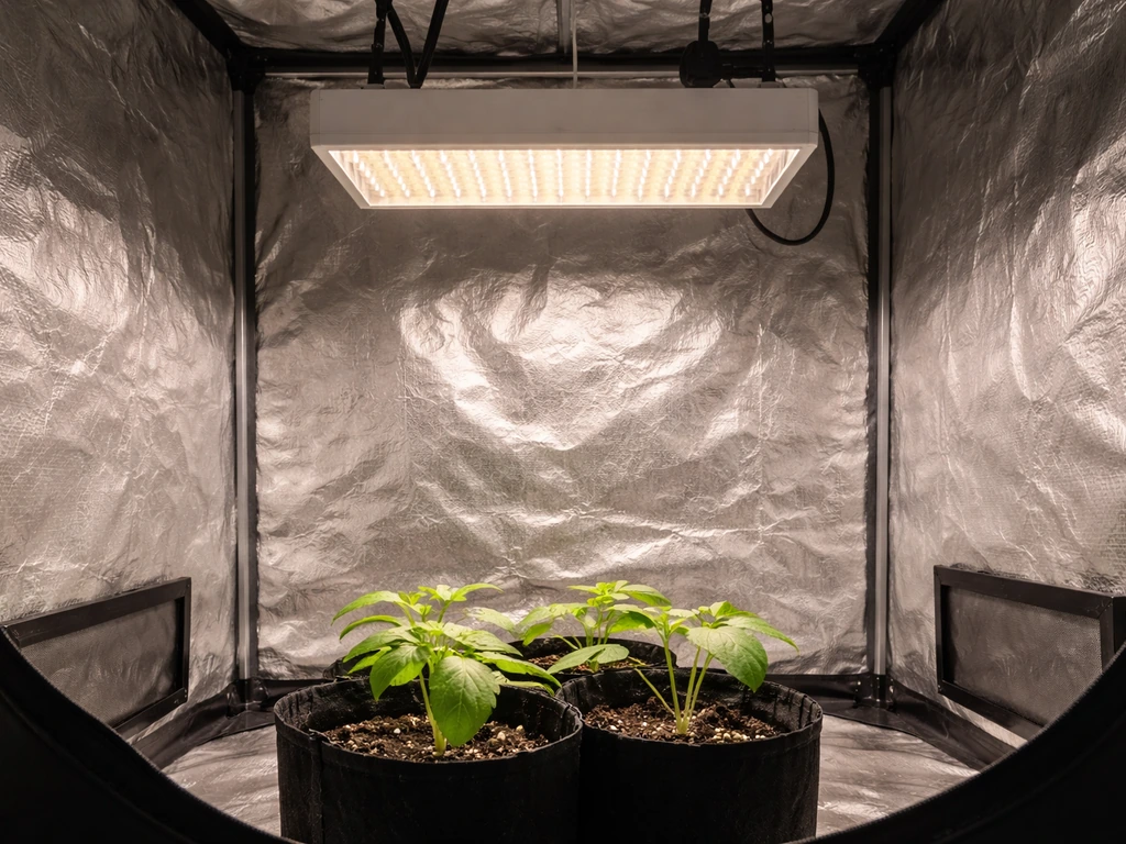 Overhead LED grow light mounted above a small grow tent with a few seedlings.