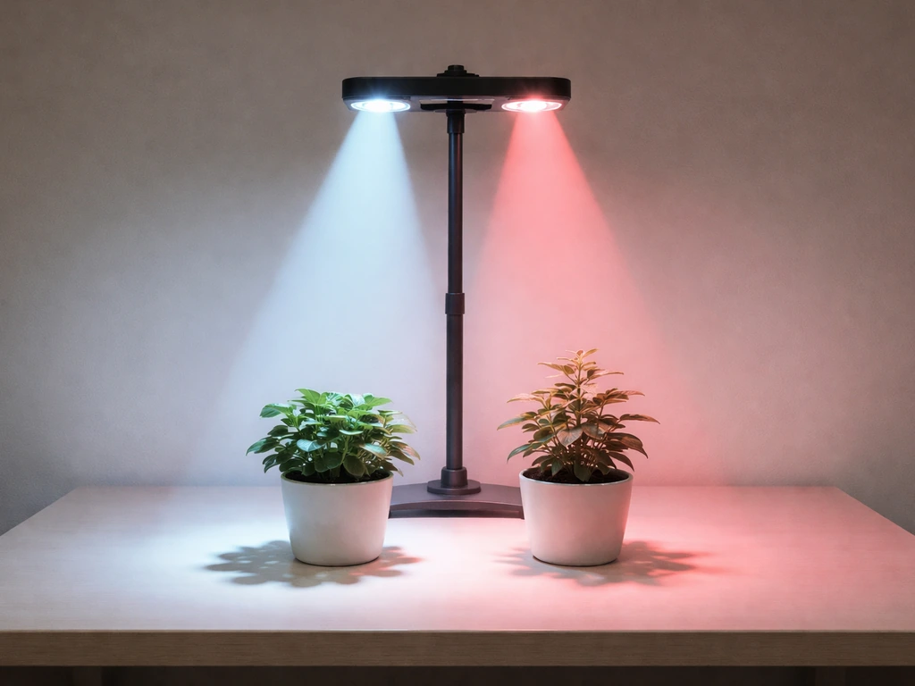 Minimal photo of a grow light casting blue and red beams onto two small potted plants for veg vs flowering.