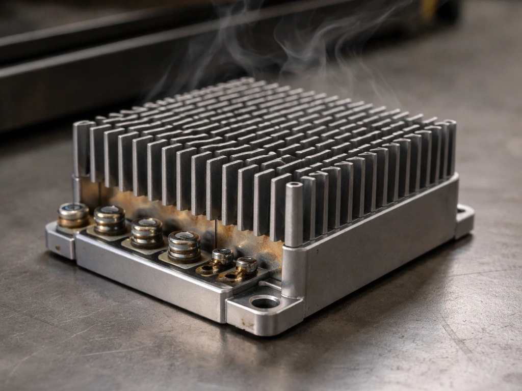 Close-up of a fanless heatsink with fins and subtle warm air rising to suggest passive heat management.