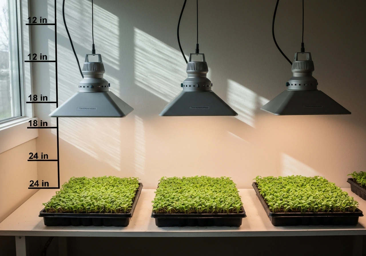 Three grow lights at different heights above a simple seedling canopy, showing brighter illumination near the light.