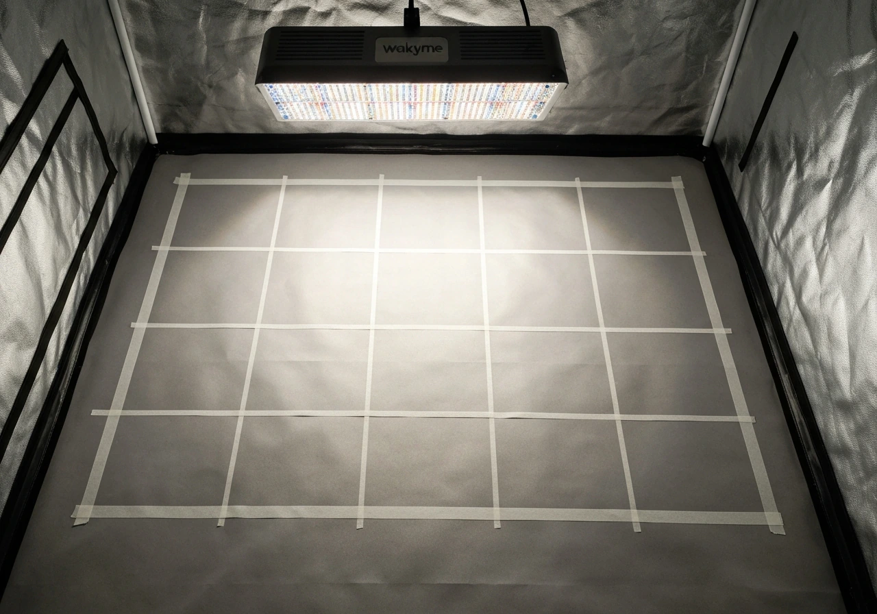 Top-down view of a tent floor grid with centered grow light showing brighter center and dimmer edges.
