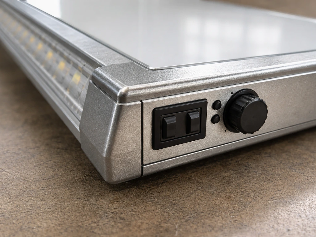 Close-up of a stamped aluminum frame and reflective housing with minimal switch controls