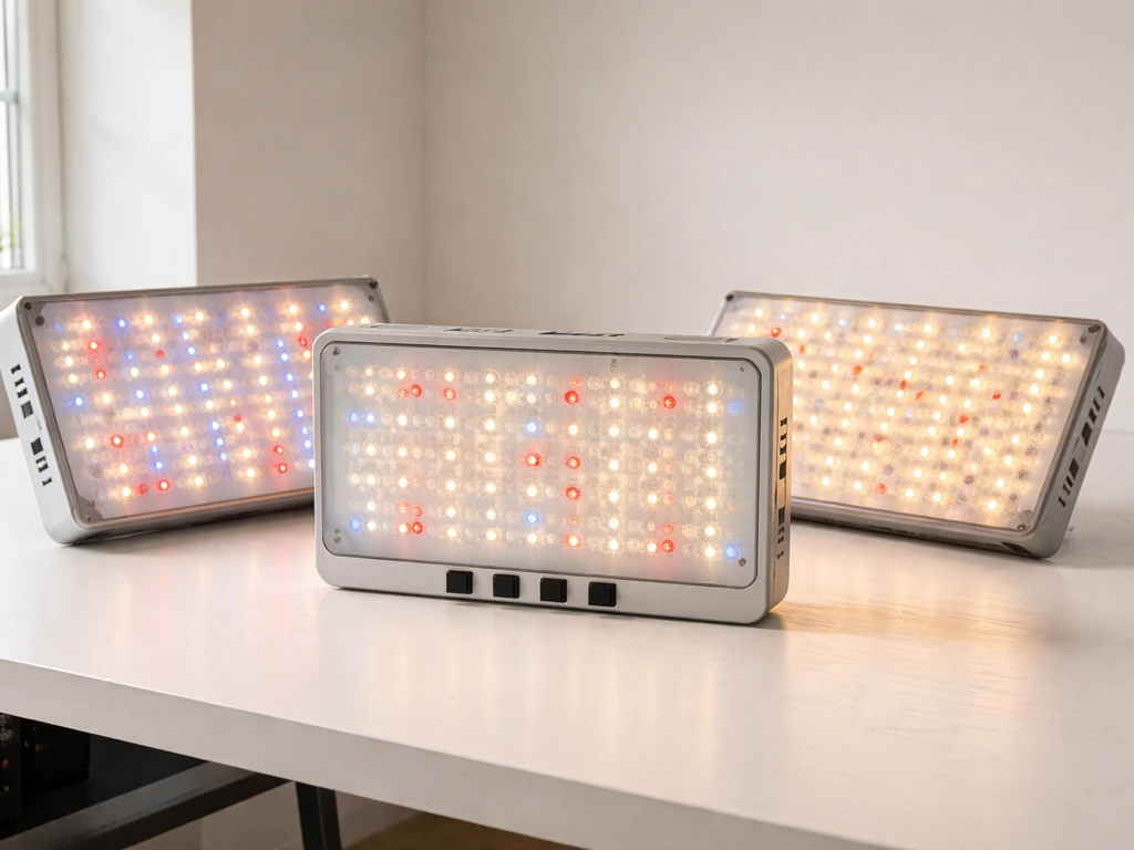 Three small budget LED grow panels on a workbench, one with visible veg/bloom switches, minimal background.