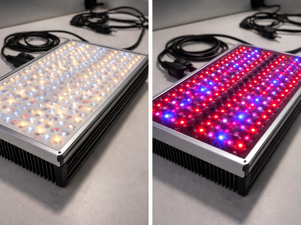 Two LED grow light panels on a bench, showing full-spectrum versus red/blue LED layouts.