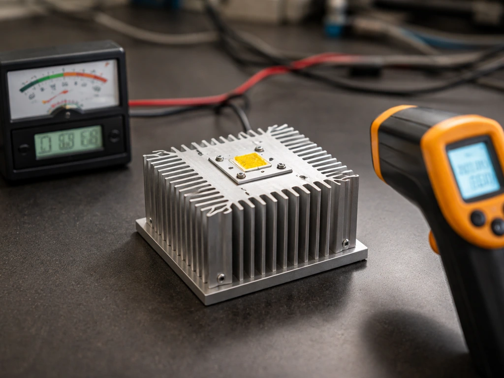 Close-up of LED heatsink with an infrared thermometer reading and a small energy meter beside it.