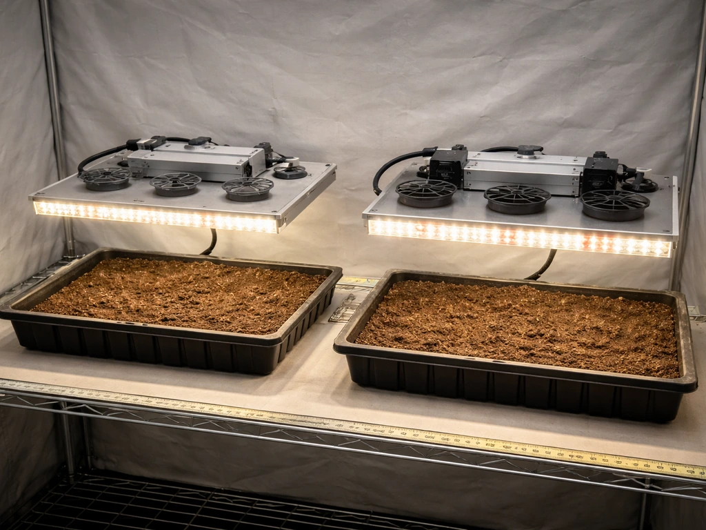 Two grow lights placed side-by-side above trays, minimal indoor bench setting, comparison-focused photo.