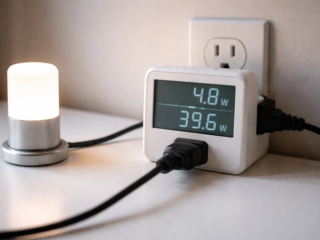 Close-up of a power meter showing two different watt readings beside a small LED lamp base