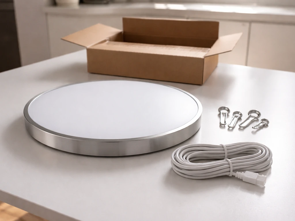 Light fixture kit laid out on a table with hooks/hangers and power cable ready for setup.