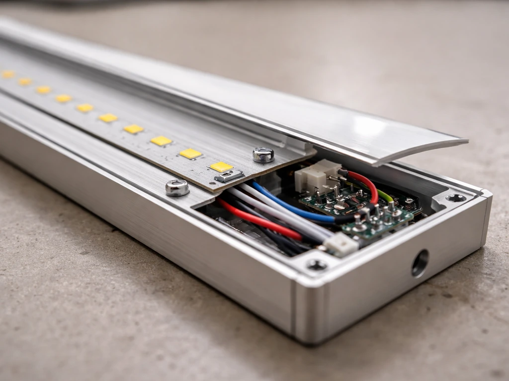 Close-up of a slim LED fixture housing showing thin reflector panel, LED mounting, and wiring/driver area