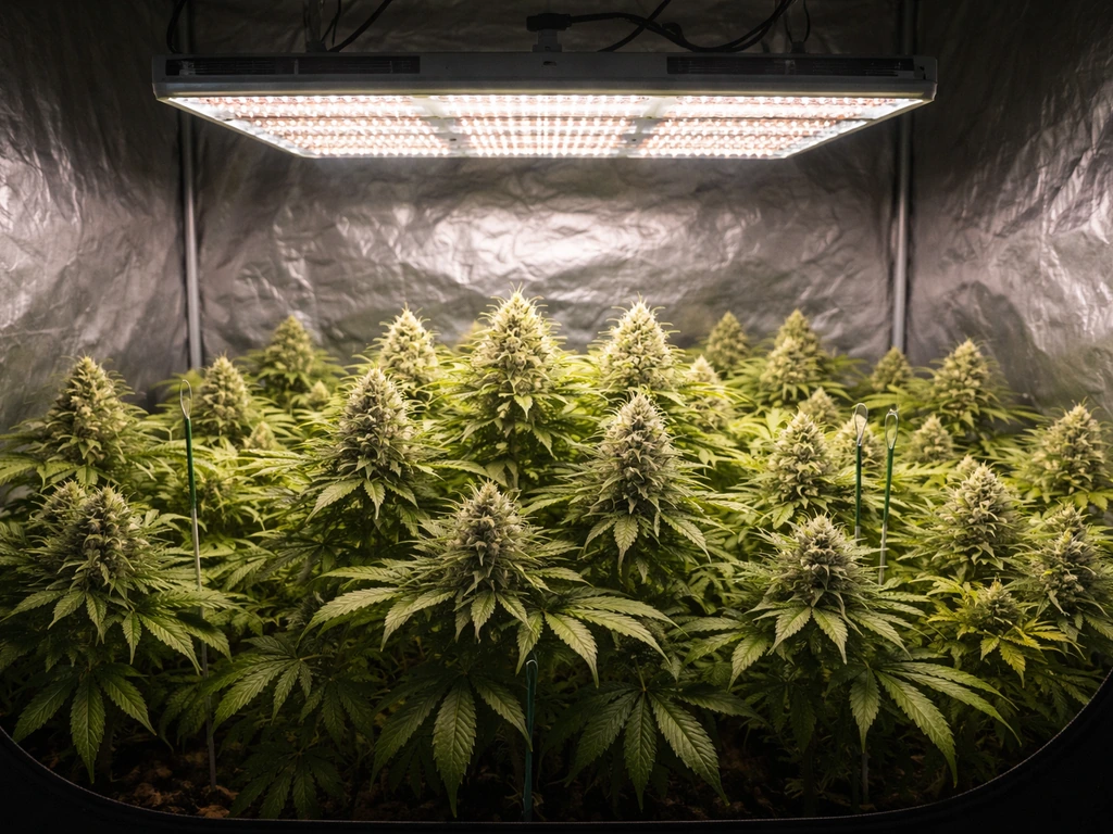 Flowering canopy under an LED grow light, with weaker bud density toward the edges.