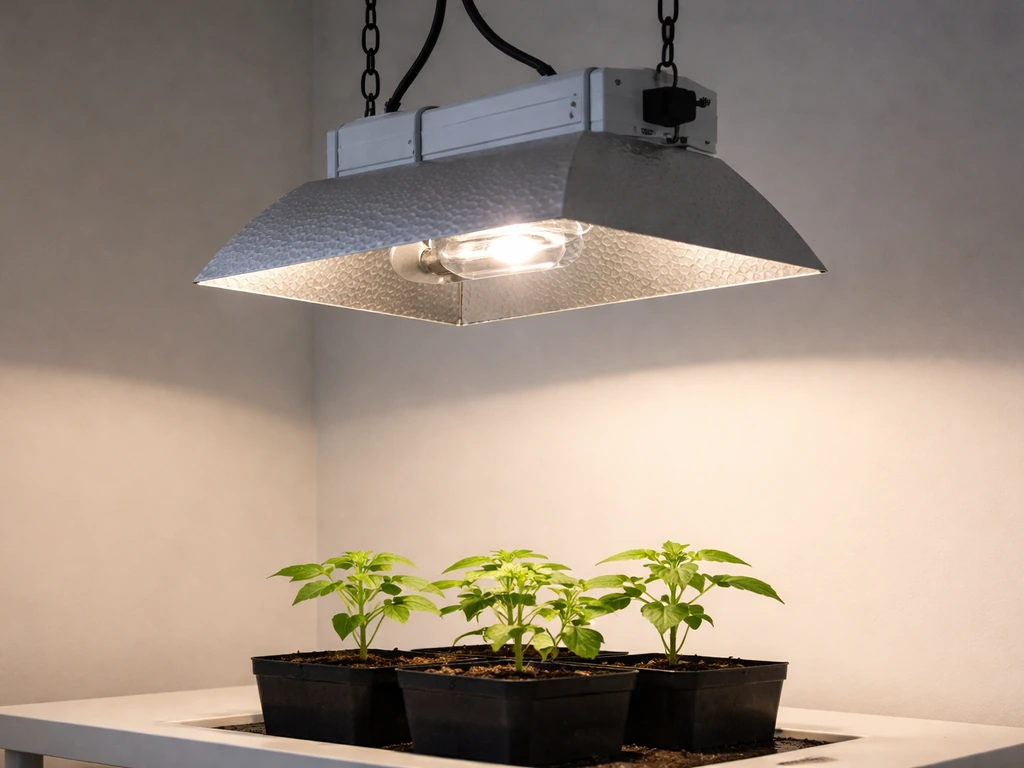 A 315W CMH grow light hangs over seedlings in an indoor grow area, bulb and reflector visible.