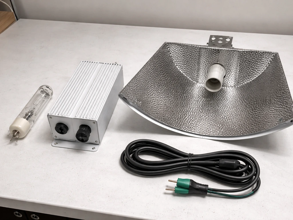 Unbranded 315W CMH grow light parts—lamp, electronic ballast, reflector, and wiring—laid out on a workbench.