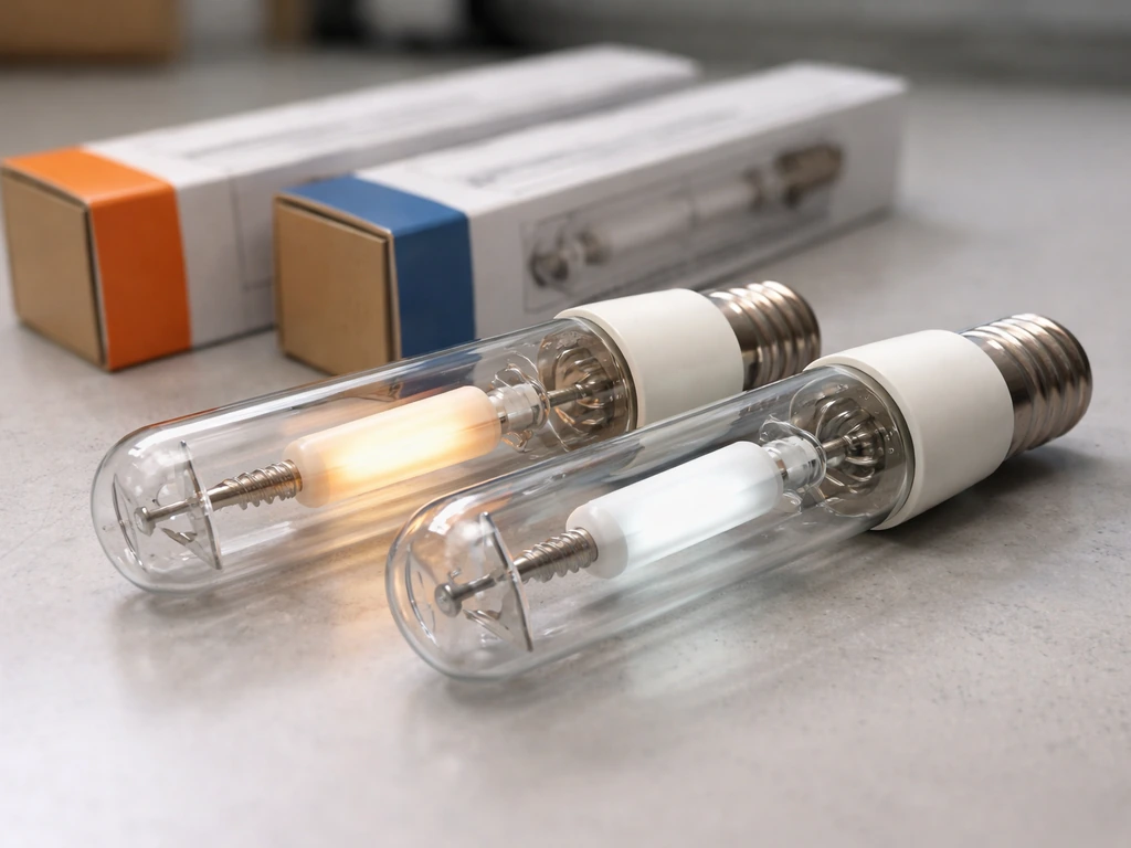 Two CMH grow lamps in their packaging side-by-side, one warm 3100K and one cooler 4200K.