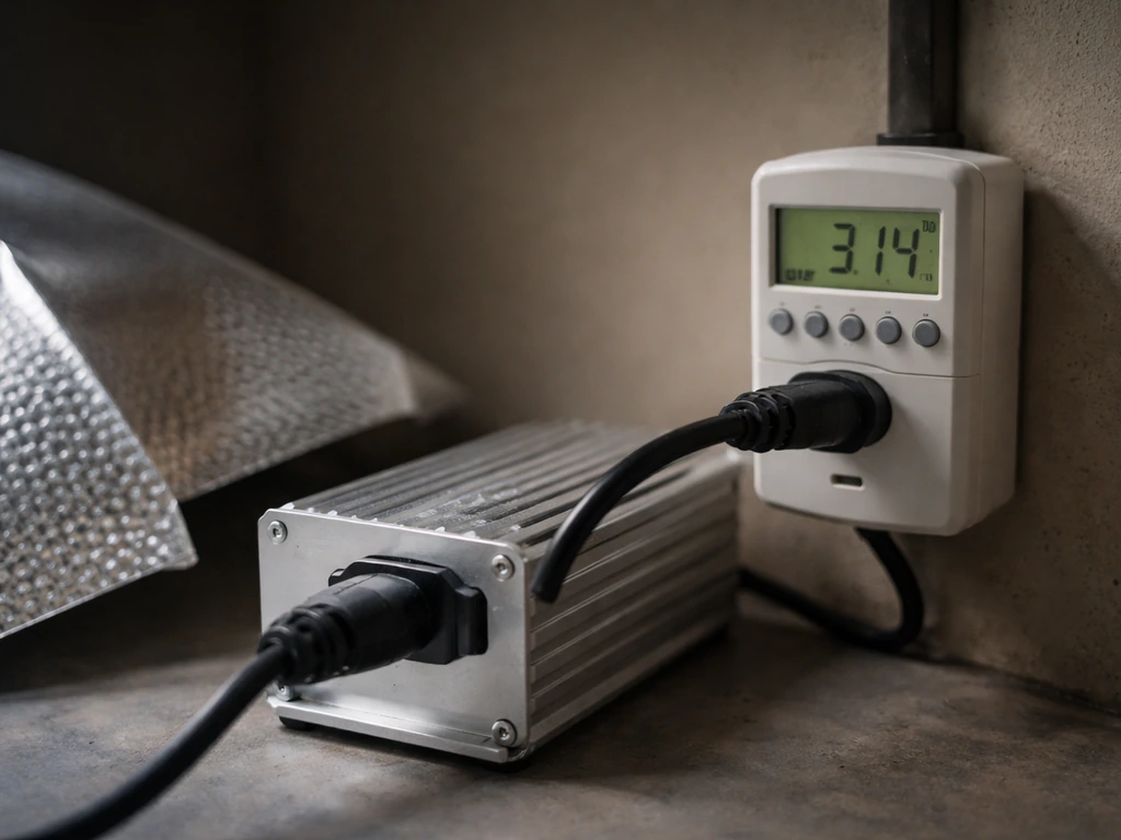 Close-up of a plug-in power monitor showing current watt draw connected to a lamp ballast