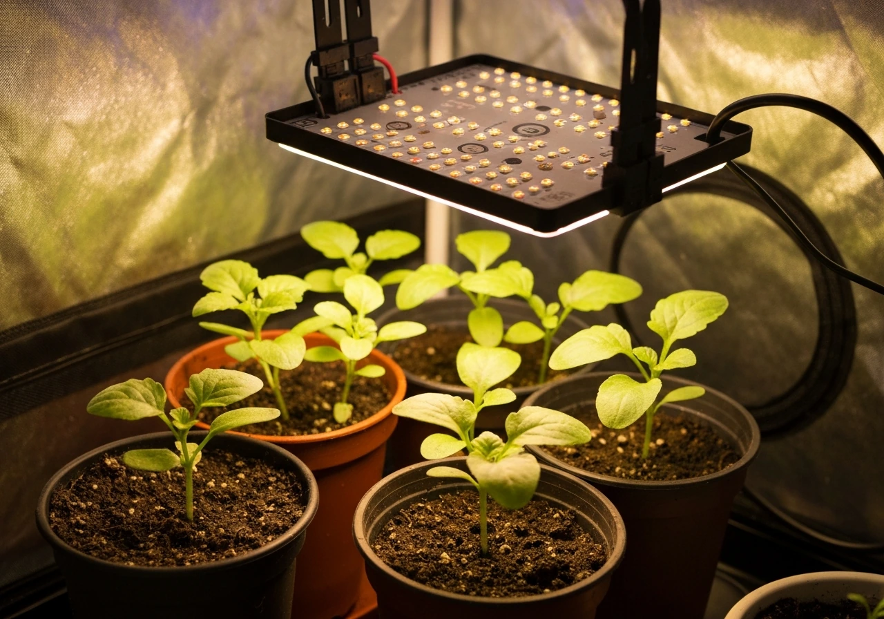 Close-up of a QB-style grow light shining over seedlings in a small grow tent