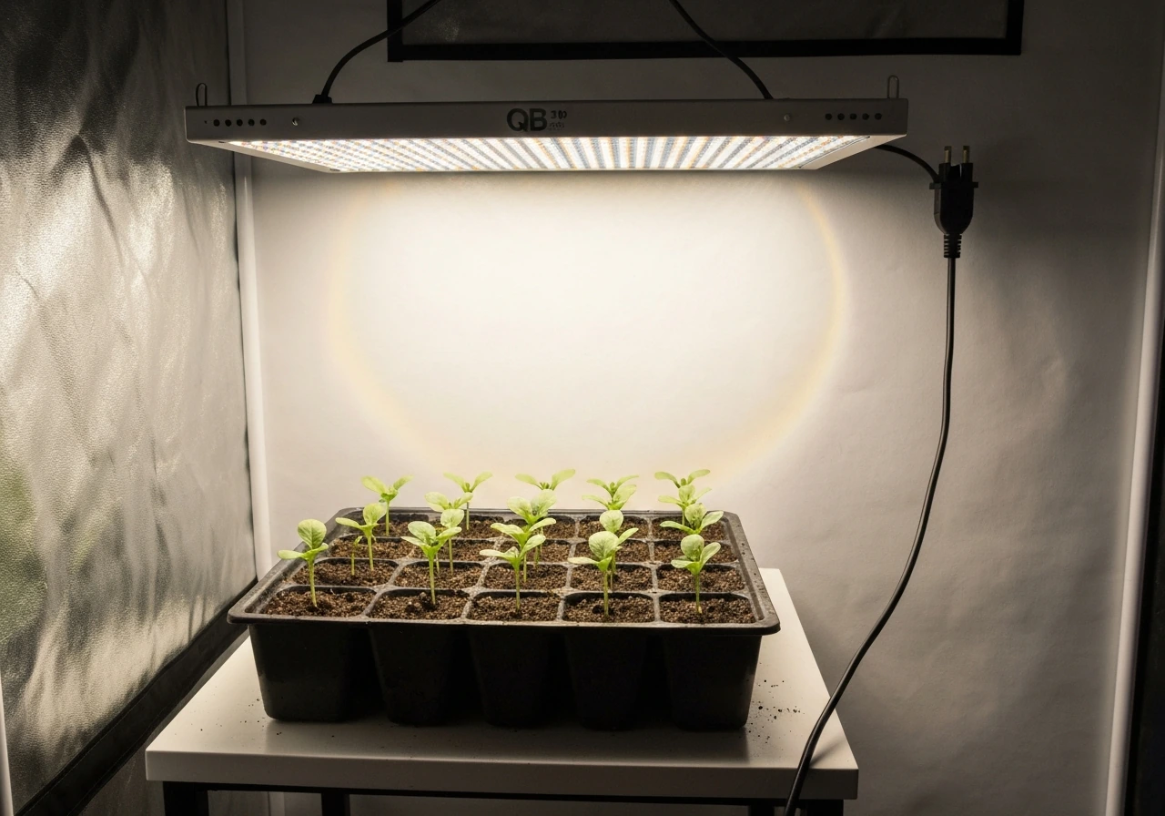 Seedling tray under a dimmed QB-style full-spectrum LED panel with soft even light coverage.