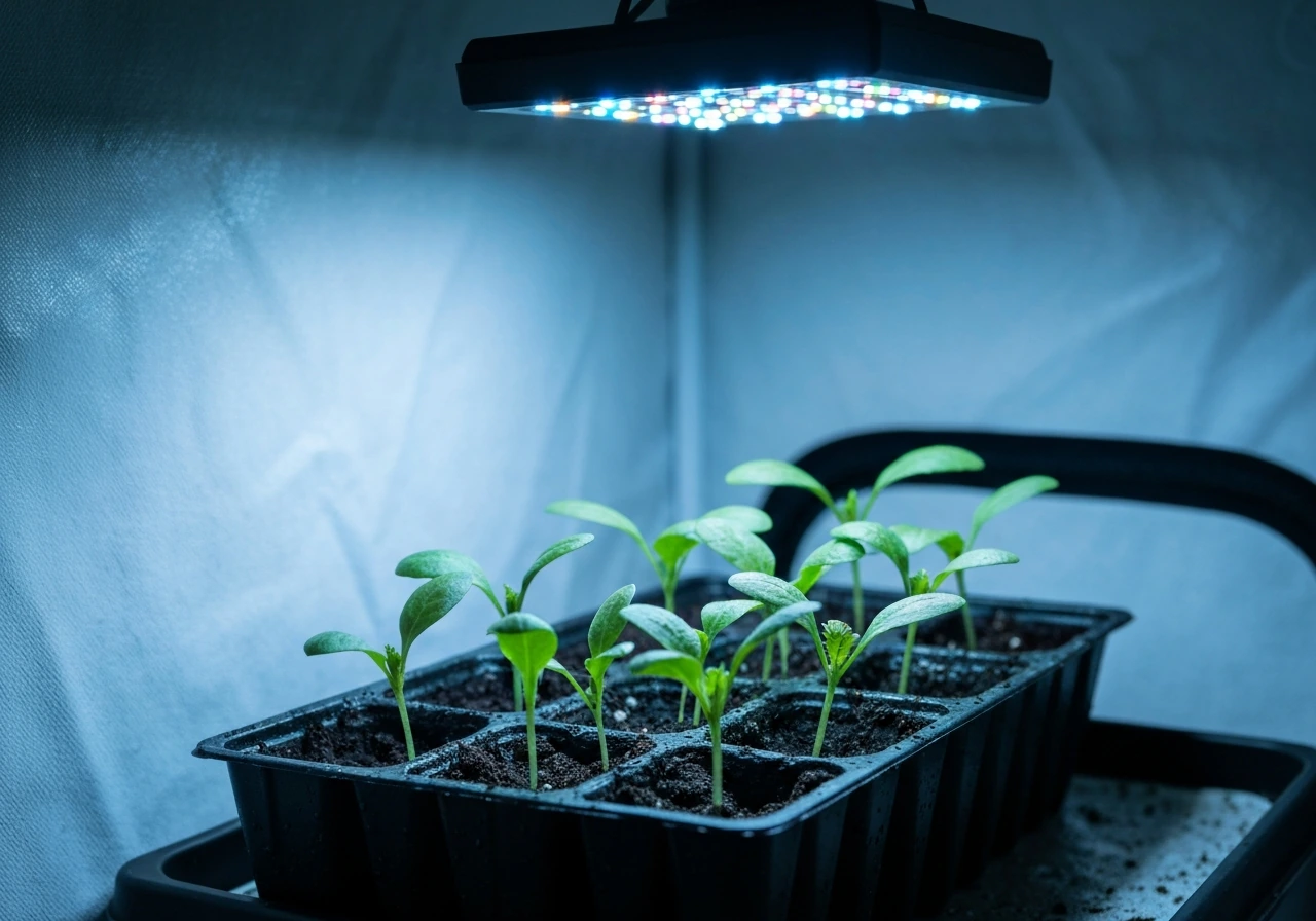 Green seedlings under a cool bluish-white LED grow light in a simple indoor grow setup.