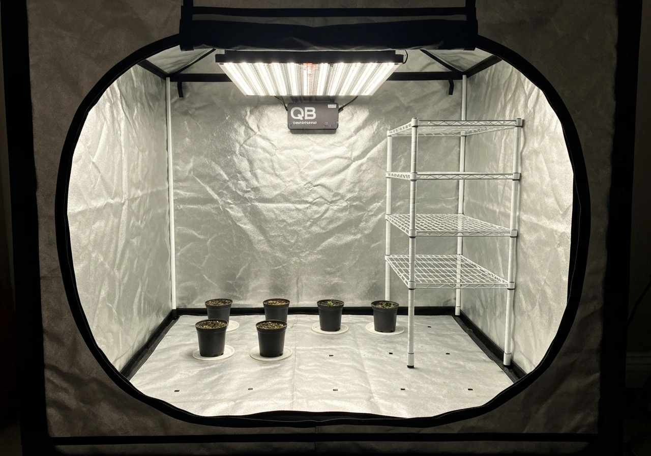 Small grow tent with a single centered QB LED board above canopy and a minimal wire shelf rack.