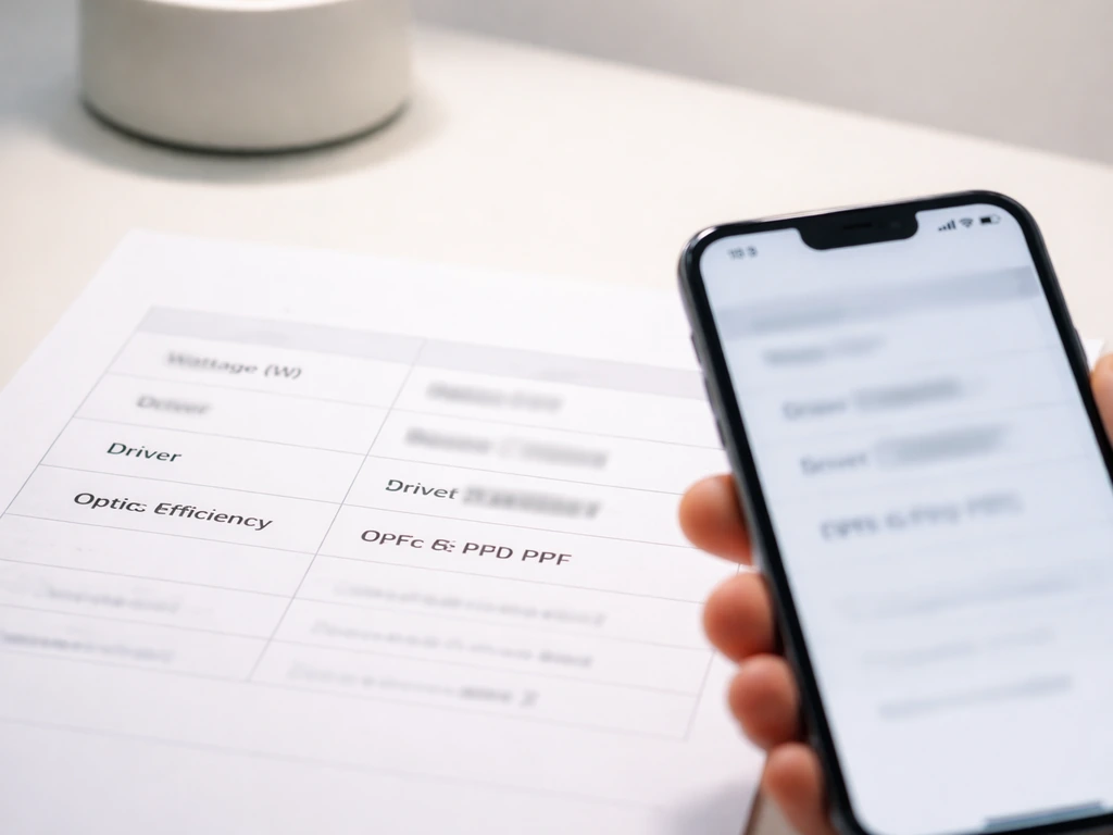 Close-up of a product spec sheet and phone near it, implying checklist values like watts, driver model, and PPF/PPFD.