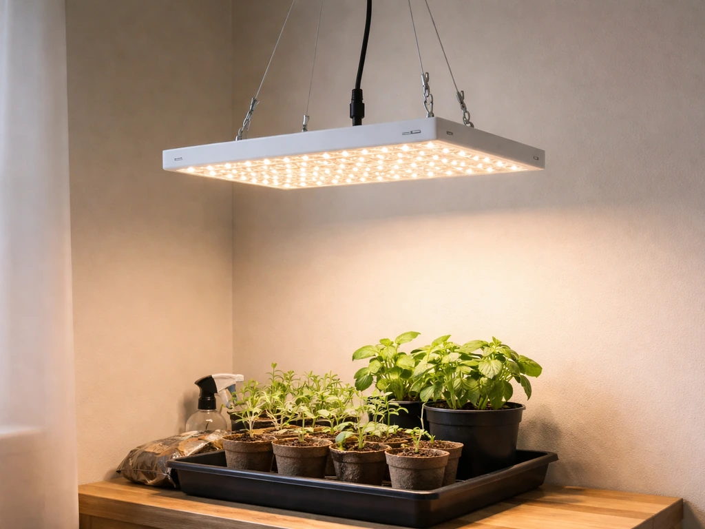 Jamsung SD-X3 grow light hanging over small indoor seedlings with visible panel and cords