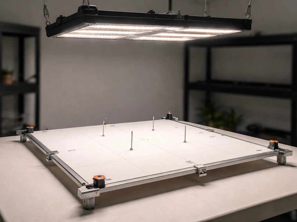 Overhead grow light above a 2x2 ft measurement plane on a jig with probe points for PPFD mapping.