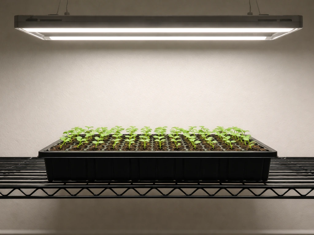 Seedlings tray under a dimmed grow light, showing early growth at a safe canopy distance.
