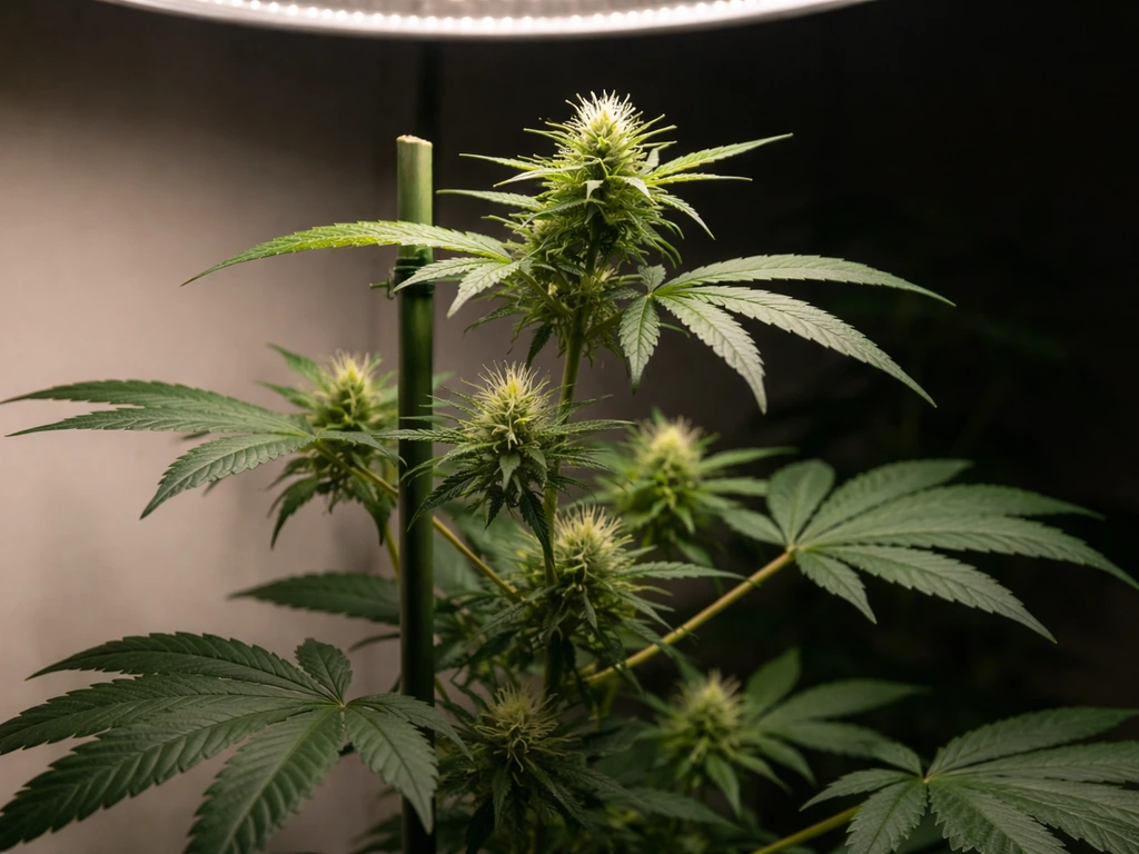 Small flowering plant with budding tips under a subtle grow lamp glow in a simple indoor setup