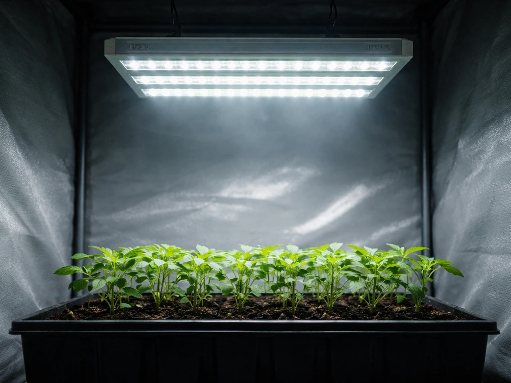 AgroMax LED grow light glowing above healthy plants inside a grow tent