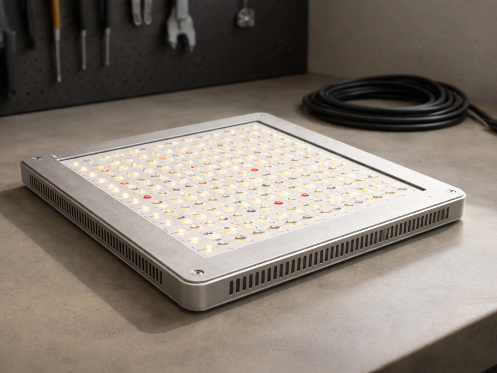 Close-up of a compact slim LED grow panel on a workbench, showing neat emitter layout.