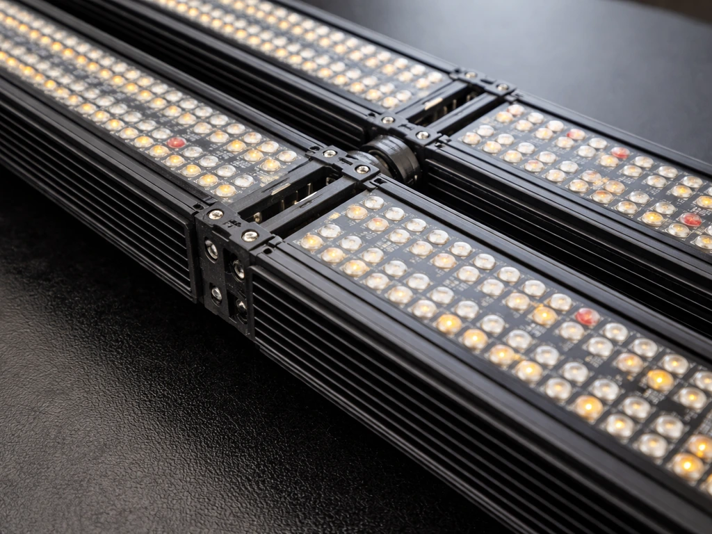 Close-up of a modular multi-bar LED grow light fixture with dense diodes and visible connection points.